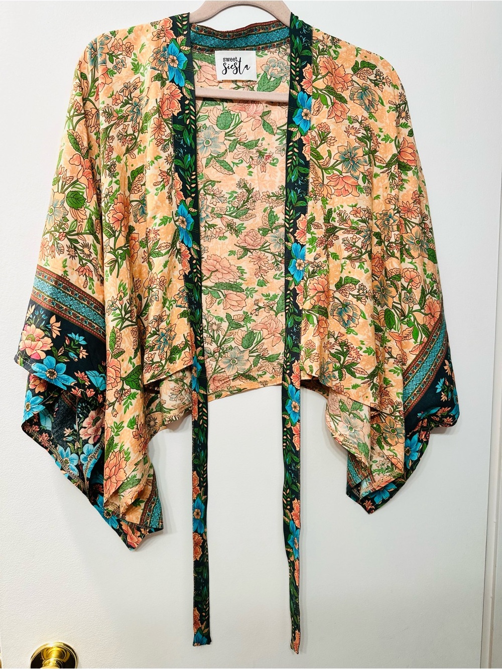 Sweet Siesta Floral Tie-Front Kimono Top Blouse in Peach and Teal One Size
